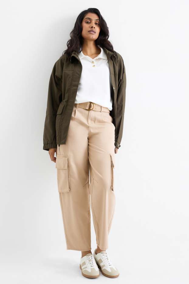 Dámské - Cargo kalhoty s páskem - high waist - tapered fit - béžová