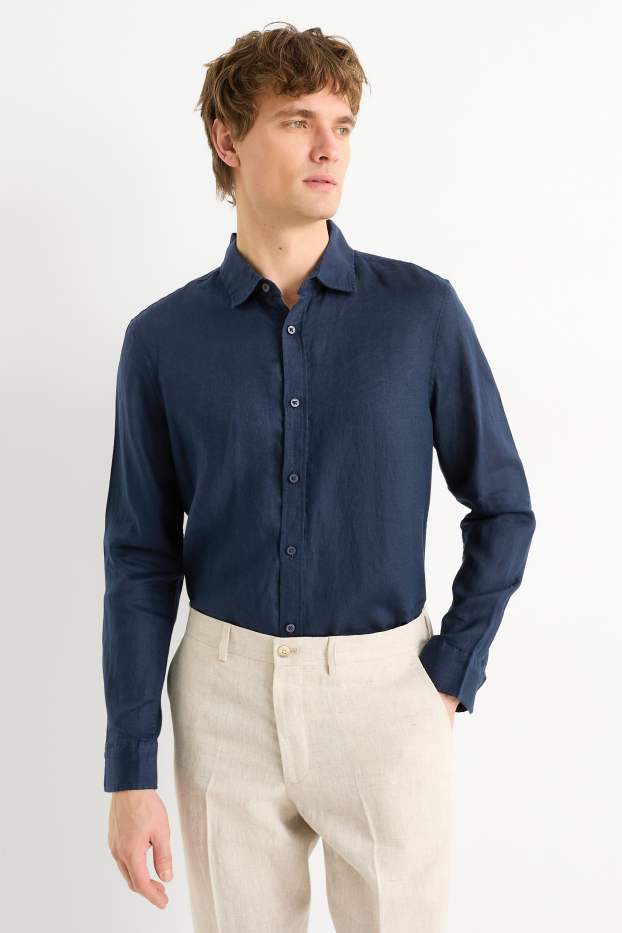 Men - Linen shirt - regular fit - kent collar - dark blue