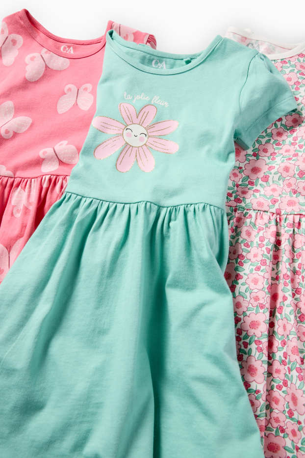Děti - dívky - Multipack 3 ks - květiny a motýli - šaty - růžová/tyrkysová