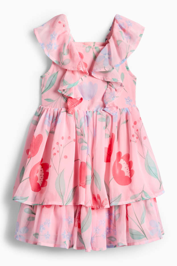 Children Girls - Floral - chiffon dress - rose / red
