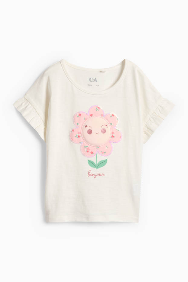 Bambine - Fiore - maglia a maniche corte - effetto brillante - bianco crema
