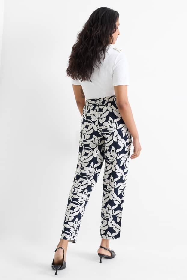 Donna - Pantaloni - vita alta - tapered fit - a fiori - blu scuro / bianco crema
