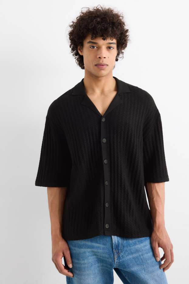 Hommes - Chemise en maille - relaxed fit - col à revers - finition texturée - noir