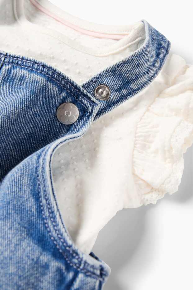 Baby Mädchen - Blümchen - Baby-Crochet-Outfit - 2 teilig - weiss / blau