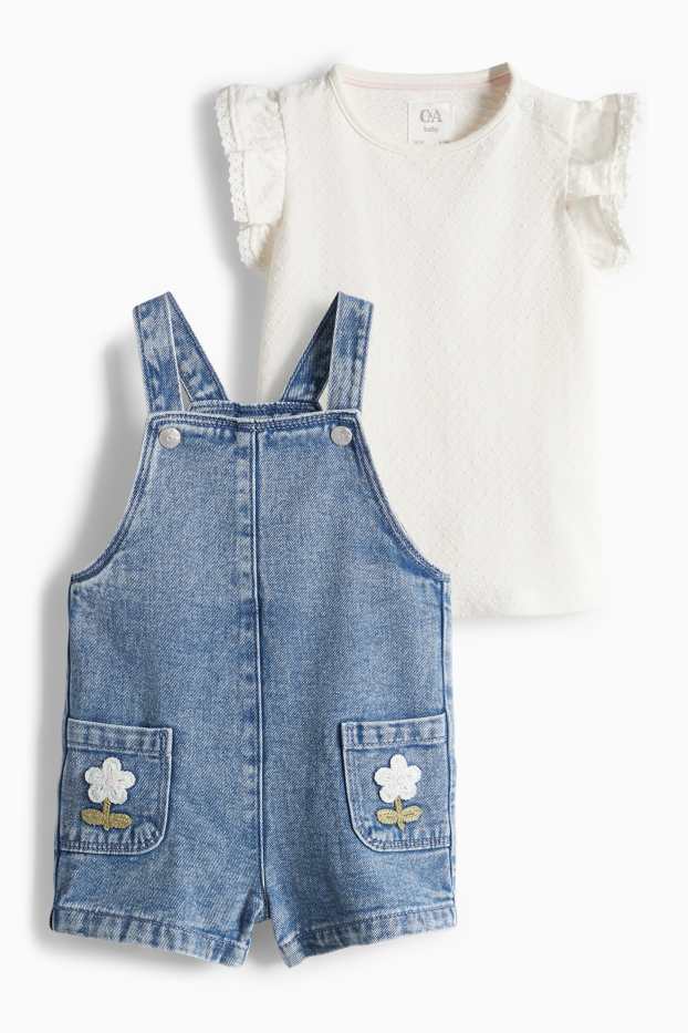 Baby Mädchen - Blümchen - Baby-Crochet-Outfit - 2 teilig - weiss / blau