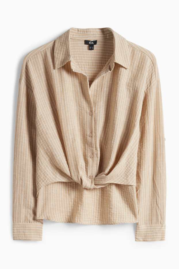 Women - Blouse with knot detail - striped - beige