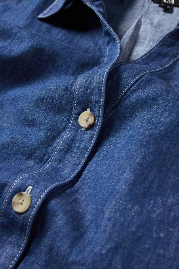 Women - Denim blouse with V-neck and linen content - dark blue