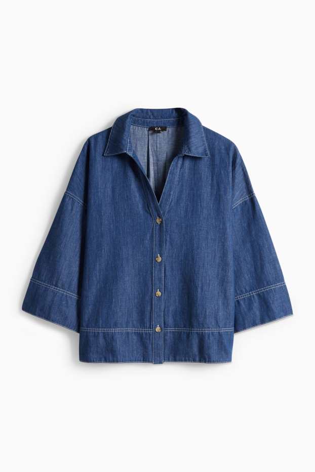 Women - Denim blouse with V-neck and linen content - dark blue