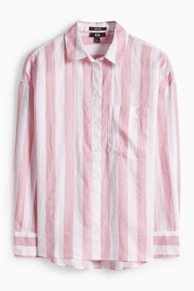 Femei - Bluză tip cămașă din in - cu dungi - alb / roz