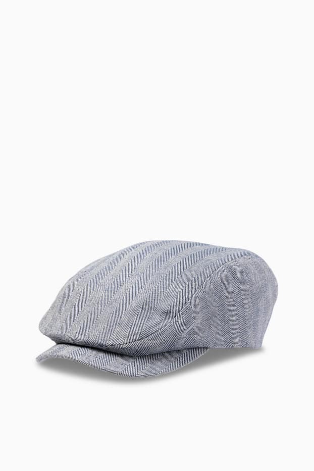 Heren - Flat cap, deels van linnen - met patroon - blauw