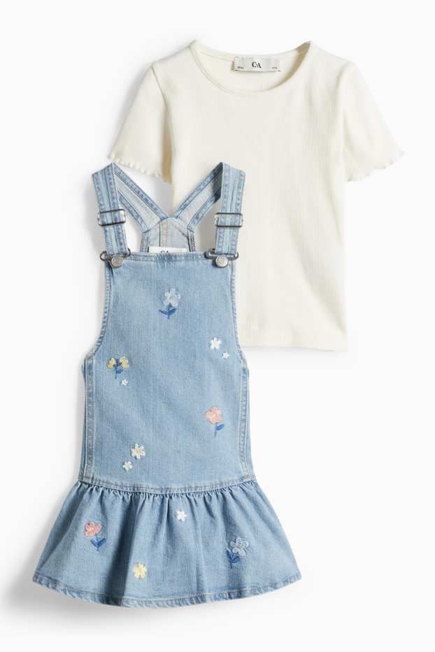 Enfants filles - Fleur - ensemble - T-shirt et robe-salopette en jean - 2 pièces - bleu  / crème