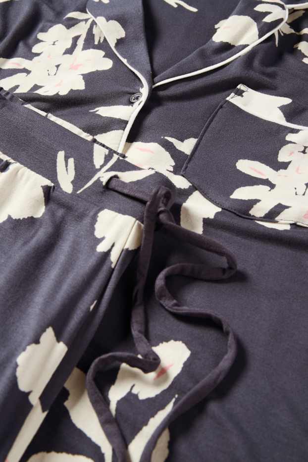 Dames - Pyjama van viscose - gebloemd - donkerblauw / crème wit