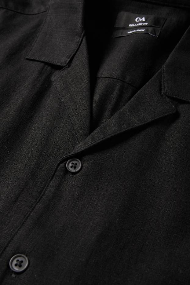 Pánské - Košile s lněným podílem - relaxed fit - klopový límec - černá