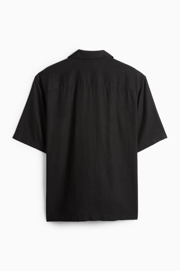 Pánské - Košile s lněným podílem - relaxed fit - klopový límec - černá