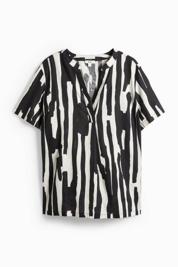 Dona - Brusa amb coll en punta - mescla de lli - amb motiu - negre/beix