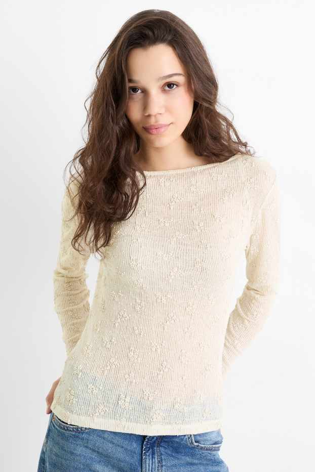 Dames - Longsleeve - slim fit - ribstof - met structuur - beige
