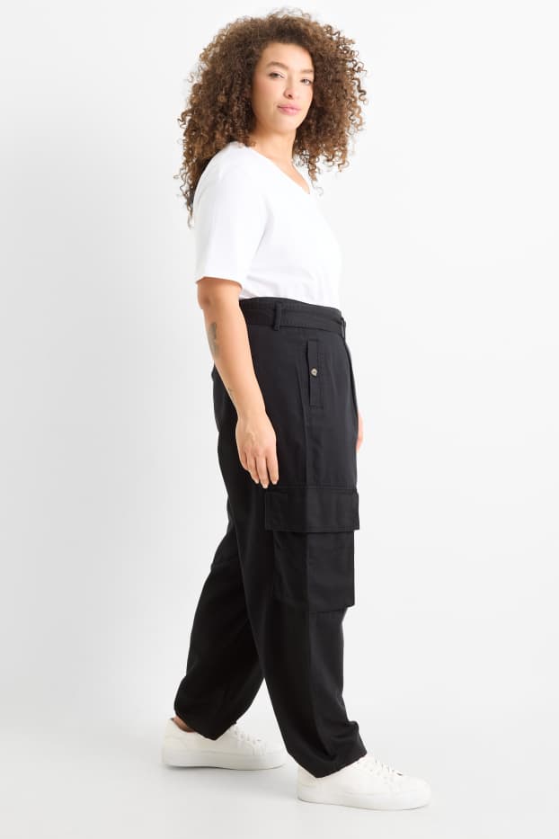 Women - Cargo trousers with belt - high waist - tapered fit - black