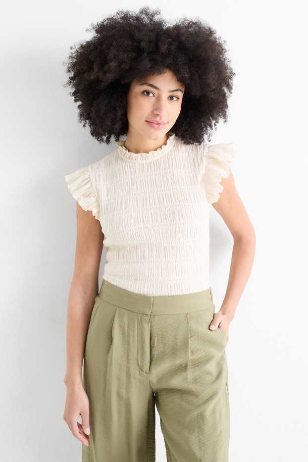 Damen - T-Shirt - Regular Fit - gesmokt - cremeweiß