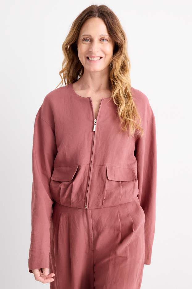 Dames - Korte blazer met linnengehalte - getailleerd - donker rose