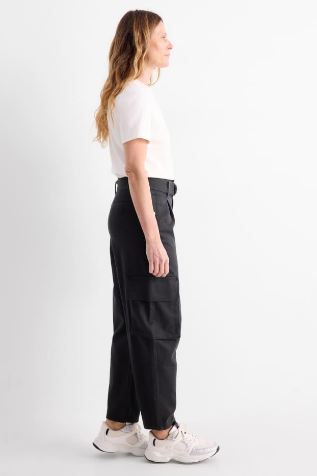 Women - Cargo trousers with belt - high-rise waist - tapered fit - black