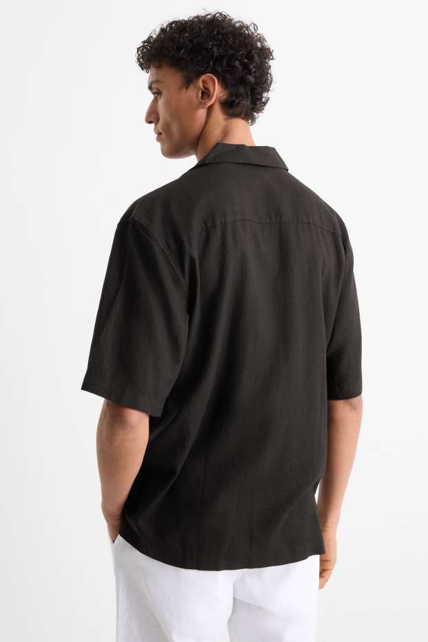 Pánské - Košile s lněným podílem - relaxed fit - klopový límec - černá