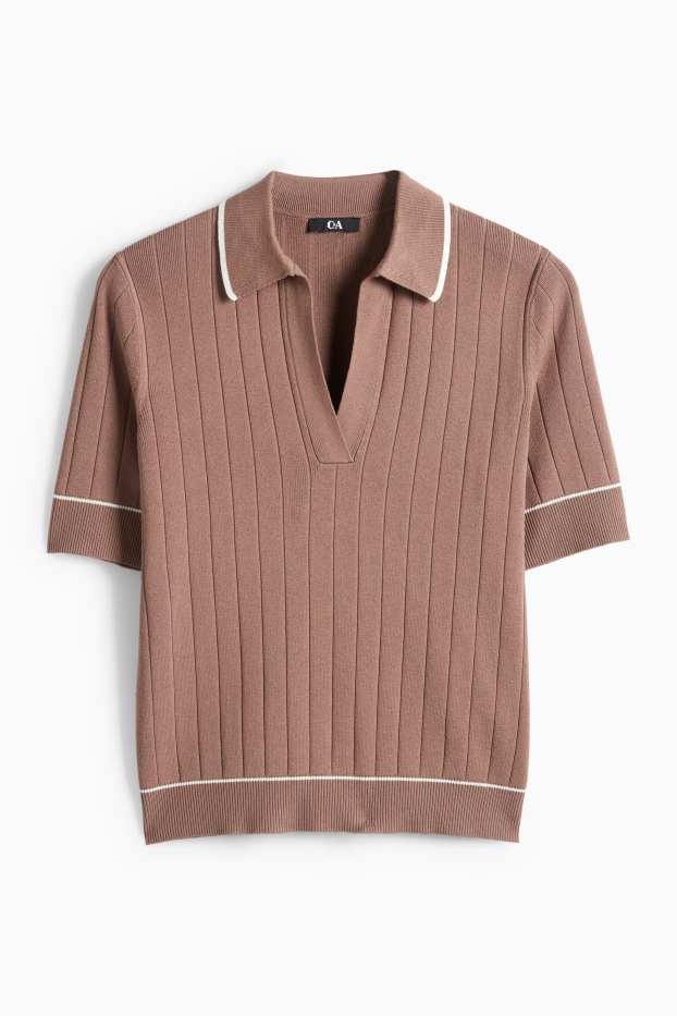 Dames - Gebreide trui - korte mouw - geribd - bruin