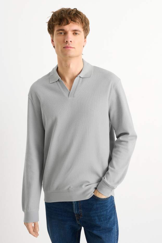 Hommes - Polo à manches longues - relaxed fit - finition côtelée - gris