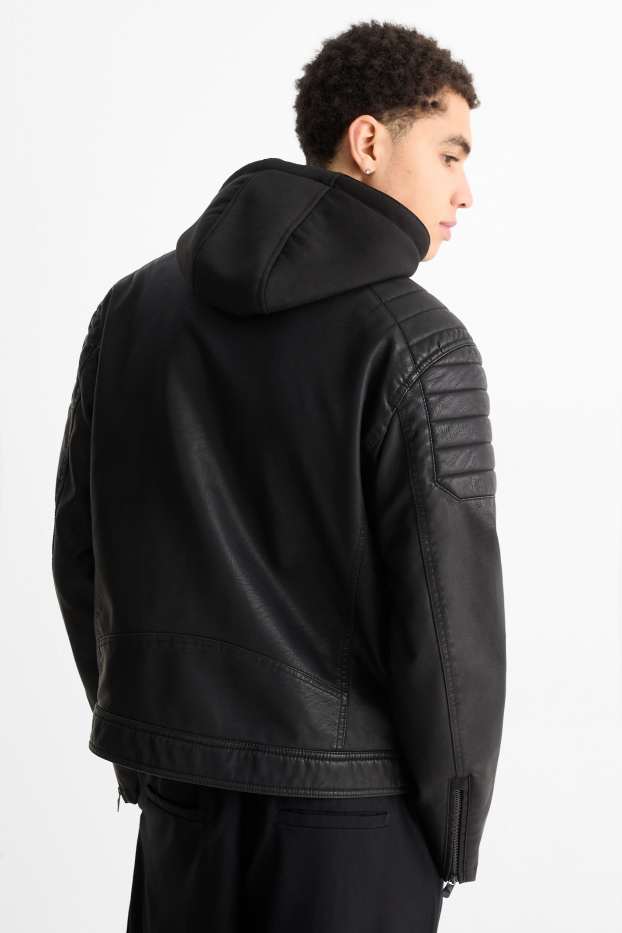 Heren - Bikerjack met capuchon - imitatieleer - zwart