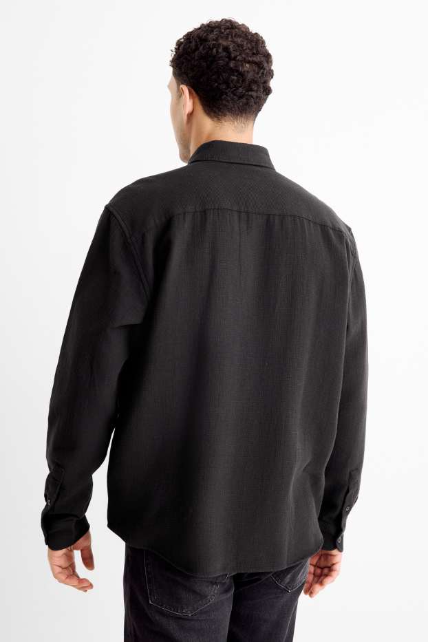 Men - Shirt - loose fit - kent collar - textured - black