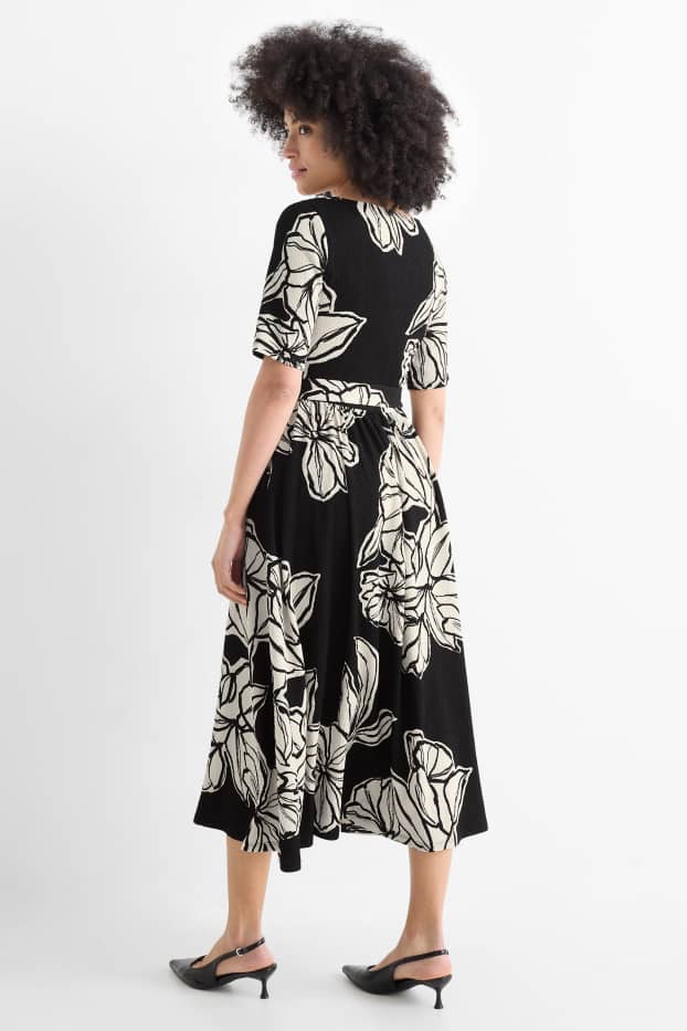 Damen - Fit & Flare Kleid mit Gürtel - geblümt - strukturiert - schwarz / beige