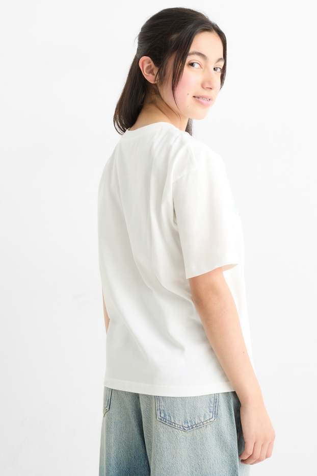 Children Girls - Cat - short sleeve T shirt - white / blue