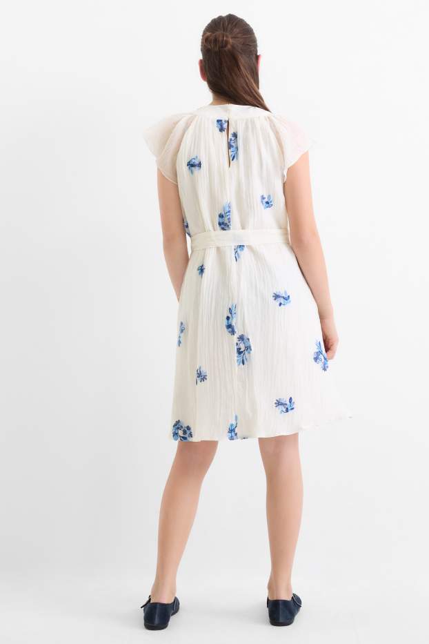 Children Girls - Floral - dress - shiny - blue / creme