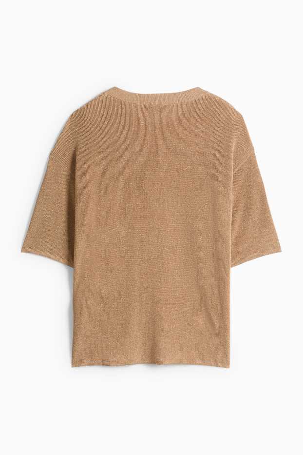 Dona - Jersei de punt de mitja - mànigues curtes - acanalat - efecte brillant - beix