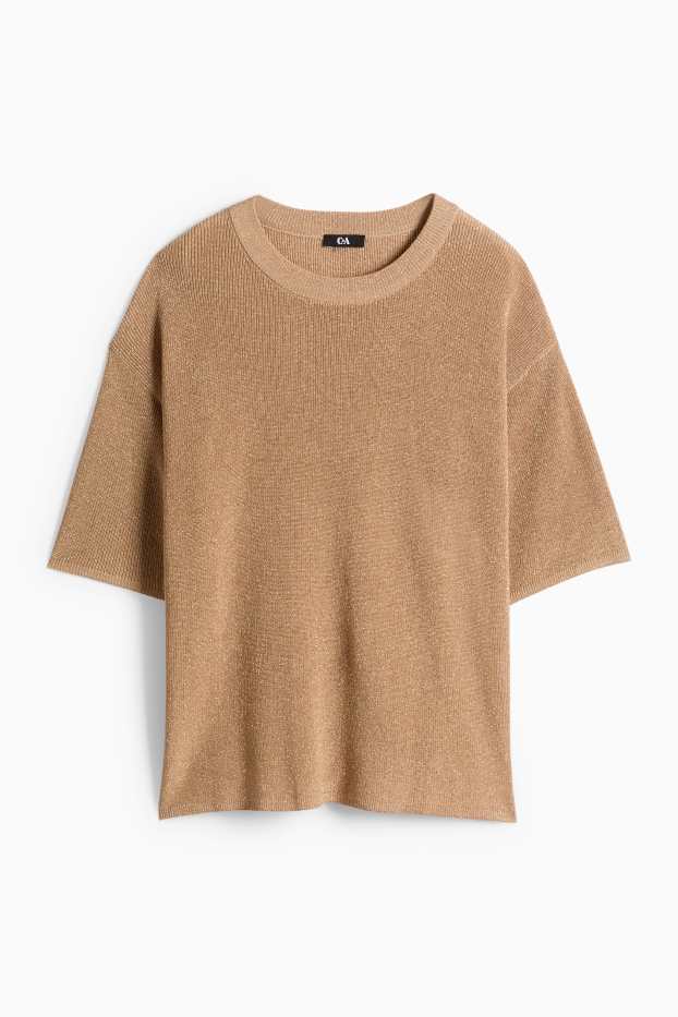 Dona - Jersei de punt de mitja - mànigues curtes - acanalat - efecte brillant - beix