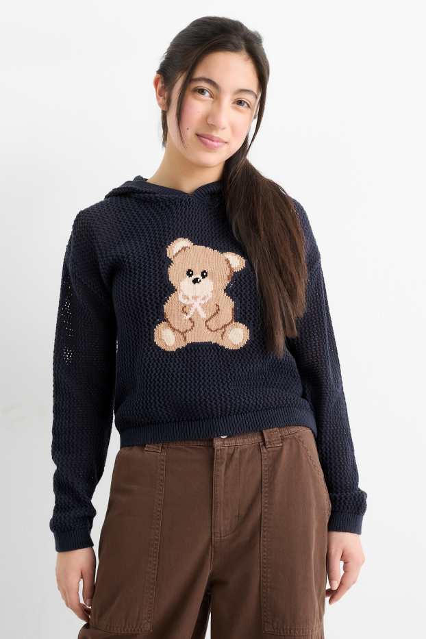 Enfants filles - Teddy bear - pull à capuche - texturé - bleu foncé