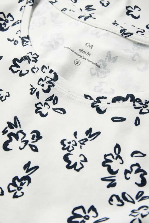Dámské - Tričko - slim fit - s květinovým vzorem - bílá/černá