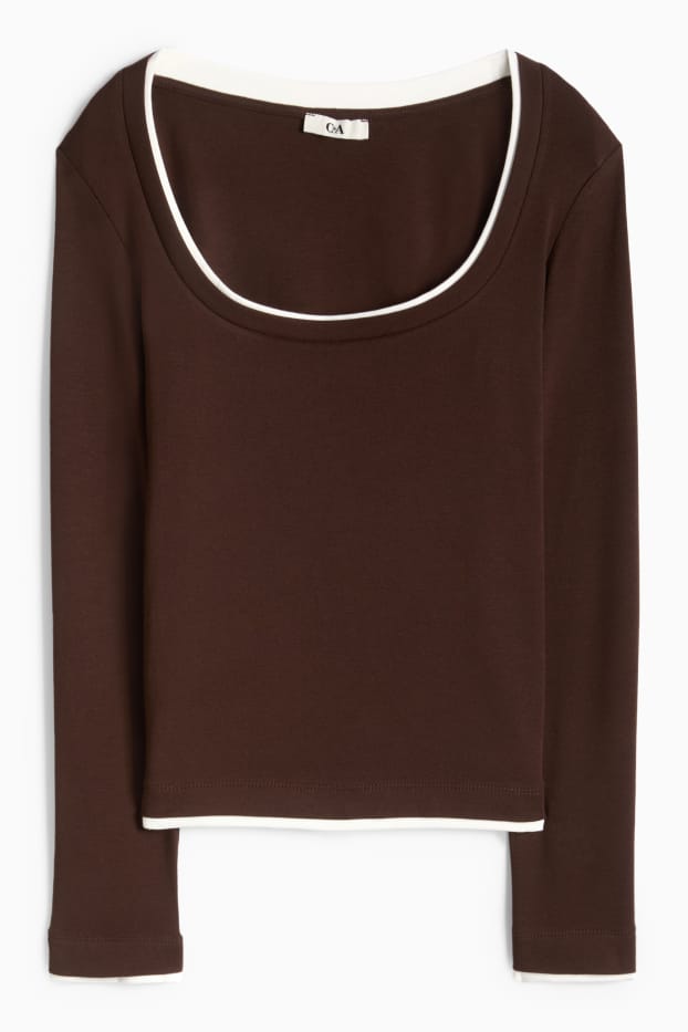 Dámské - Tričko s dlouhým rukávem - slim fit - vzhled 2 v 1 - hnědá