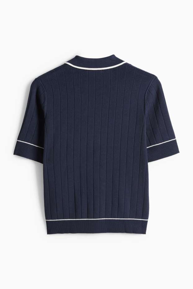 Women - Knitted jumper - short sleeve - ribbed - dark blue / white