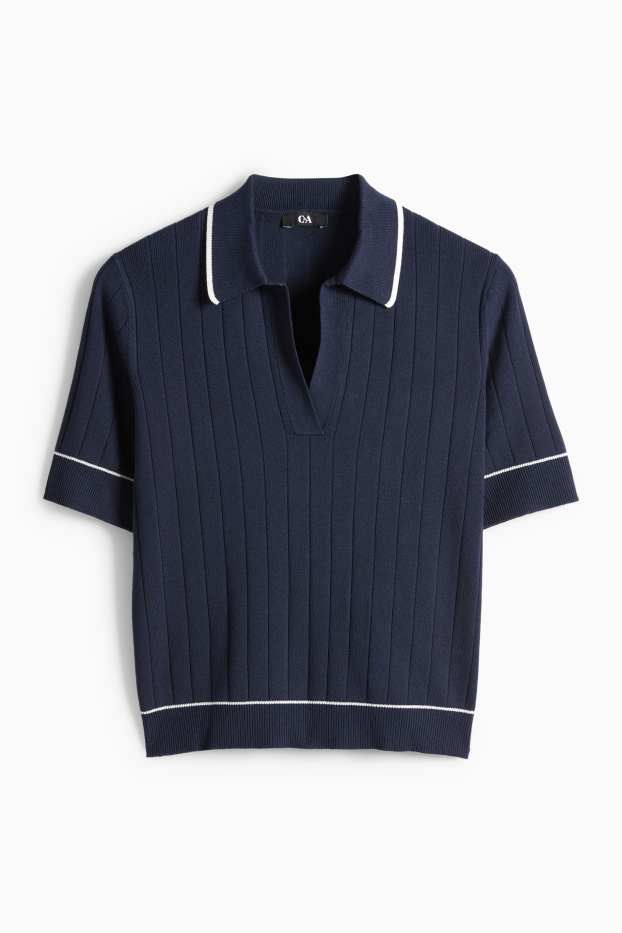 Women - Knitted jumper - short sleeve - ribbed - dark blue / white