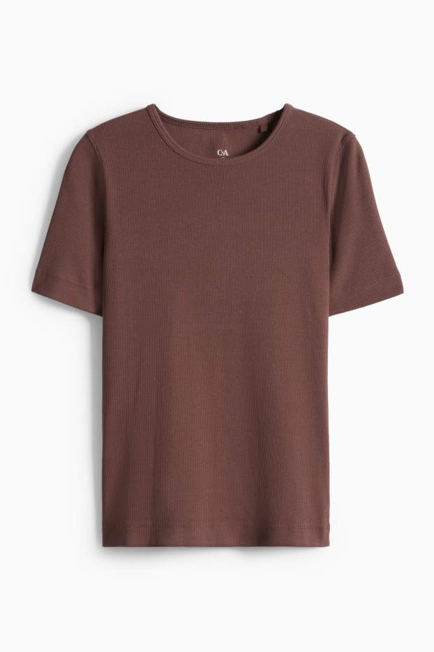 Dames - T-shirt - slim fit - ribstof - bruin
