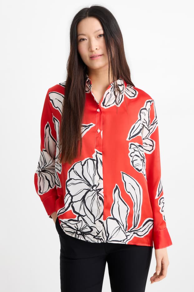 Damen - Satin-Hemdbluse - geblümt - dunkelorange