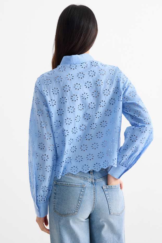 Damen - Bluse - Broderie Anglaise - blau