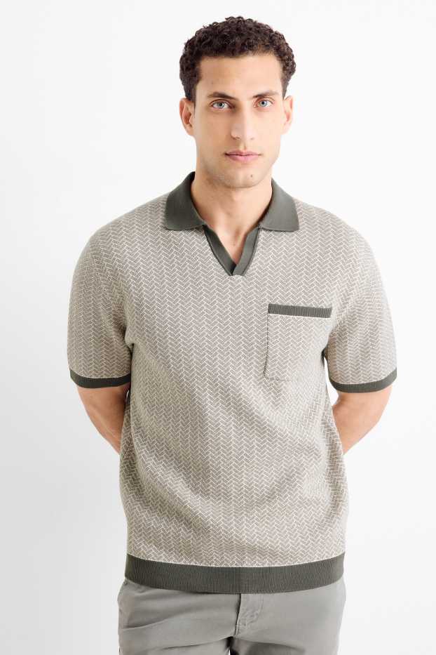 Hommes - Polo en maille - regular fit - finition à motif - vert foncé