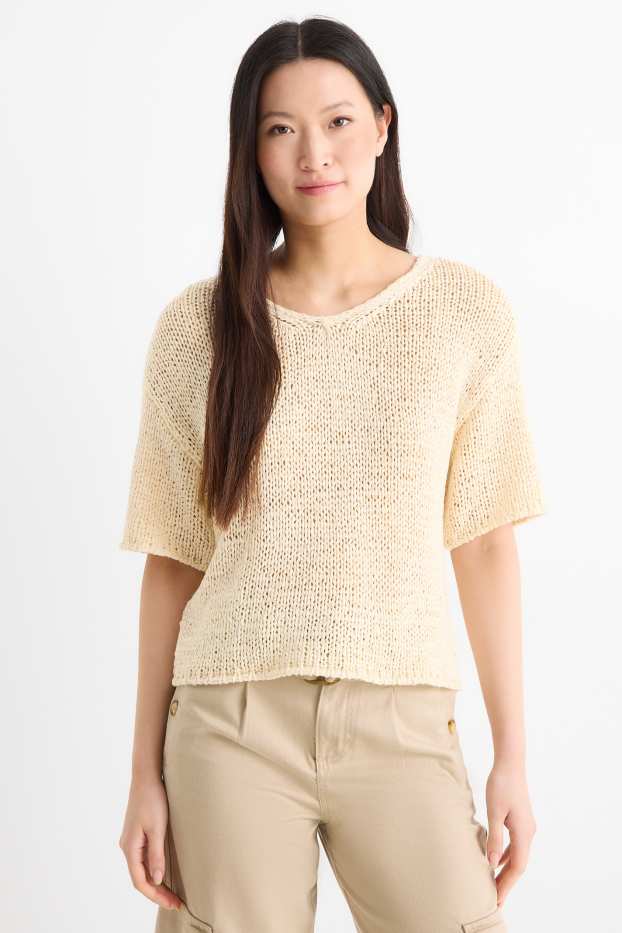 Damen - Strickpullover - kurzarm - hellbeige