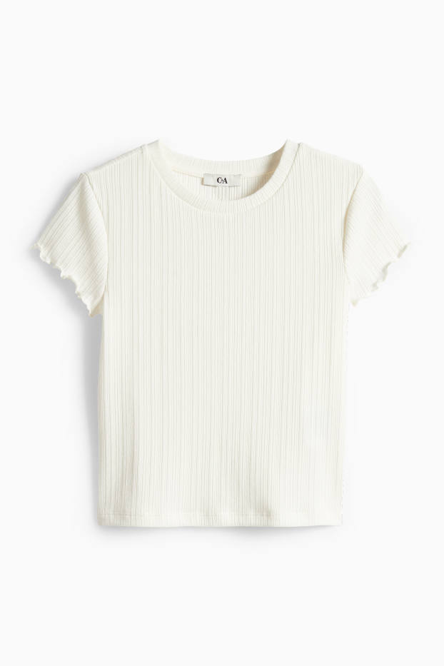 Damen - Crop T-Shirt - Slim Fit - gerippt - cremefarben