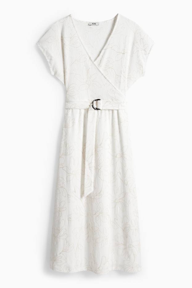 Donna - Vestito fit & flare con cintura - a fiori - tessuto tramato - bianco crema