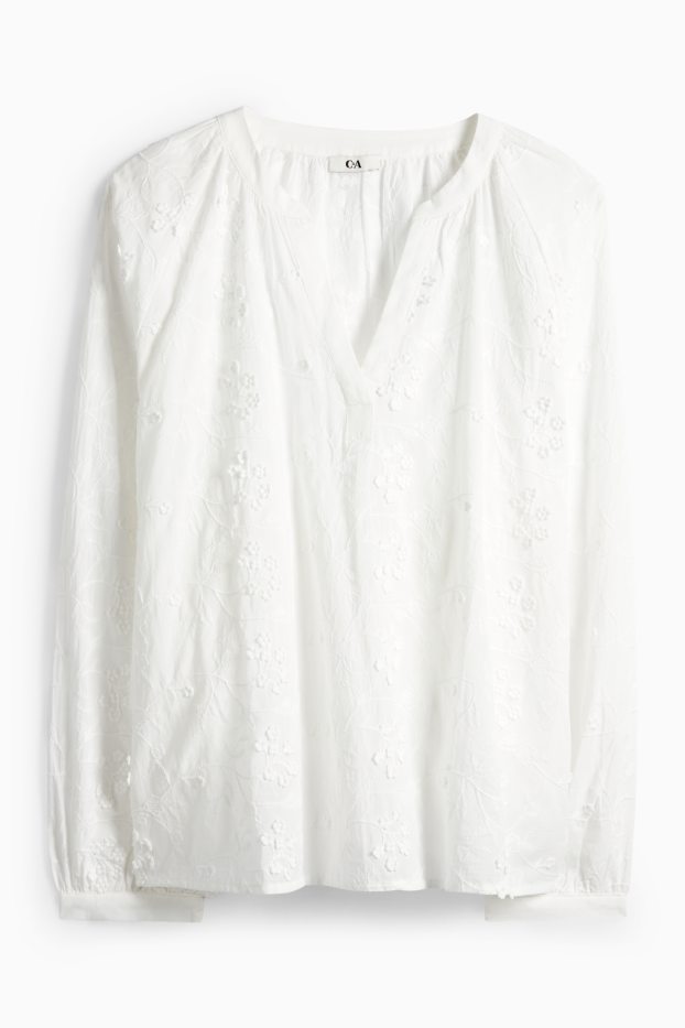 Dames - Blouse met V-hals - gebloemd - met structuur - wit