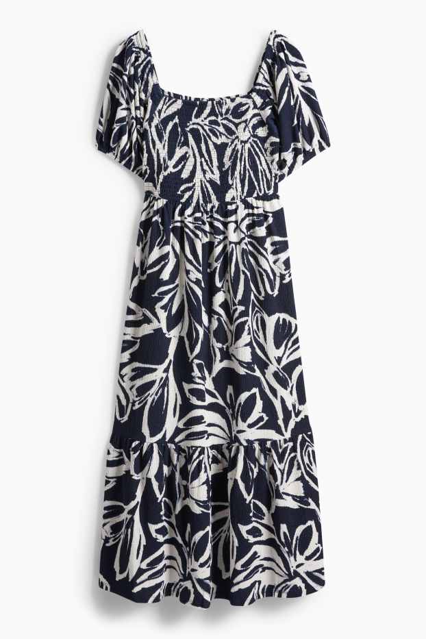 Damen - Fit & Flare Kleid - geblümt - strukturiert - gesmokt - dunkelblau / cremeweiß