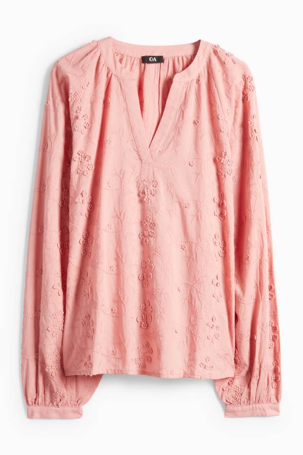 Damen - Bluse mit V-Ausschnitt - geblümt - strukturiert - pink