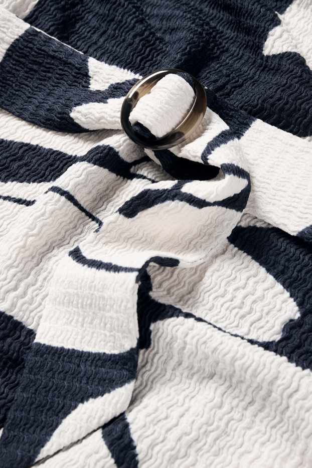 Femmes - Robe à ceinture - à fleurs - texturée - bleu  / beige